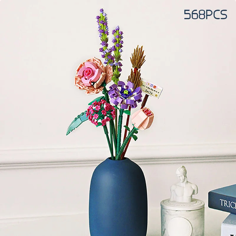Romantic Rose Flowers Bouquet Building Blocks Ideas Simulation Model Bricks Home Decoration DIY Toys for Girls Gifts