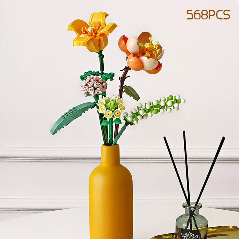 Romantic Rose Flowers Bouquet Building Blocks Ideas Simulation Model Bricks Home Decoration DIY Toys for Girls Gifts